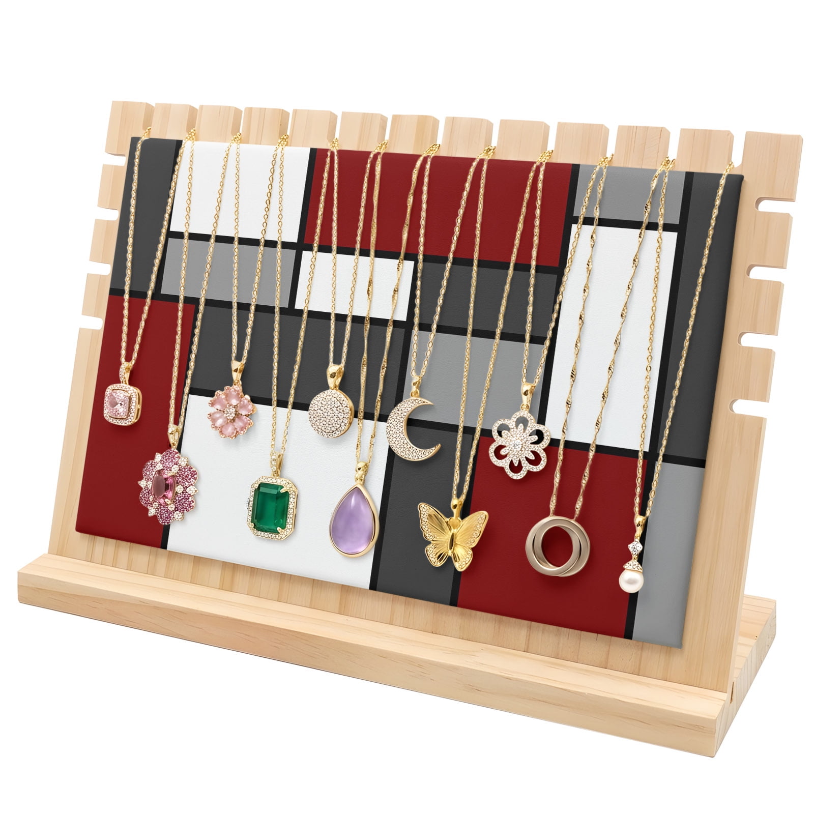 Necklace Display Stand Modern Geometric Splicing Wood Jewelry Displays Stands with PU Panel Rack Organizer Abstract Red Blocks Wooden Necklace Display Holder for Vendors Shop Show Tabletop Storage