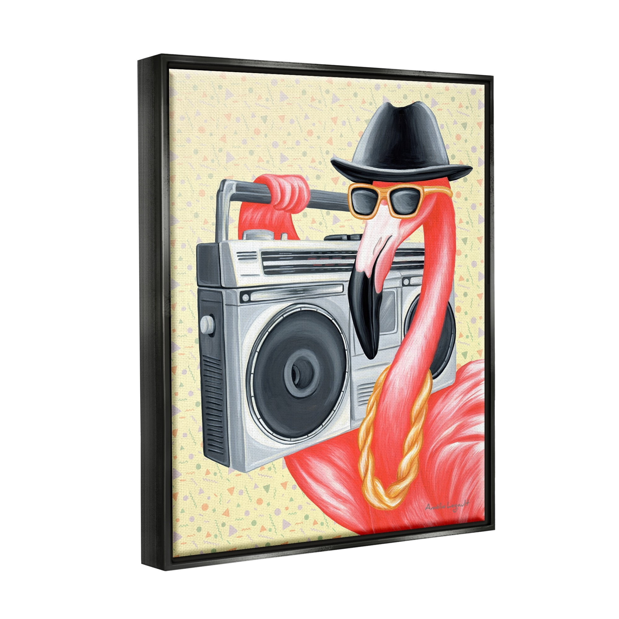 Stupell Industries Funky Retro Flamingo Boombox Music Geometric Pattern Graphic Art Jet Black Floating Framed Canvas Print Wall Art, Design by Amelie Legault