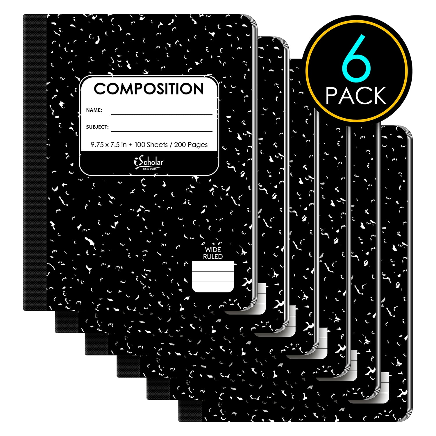 iScholar 6 Pack-10100 Black and White Composition Notebooks, 9-3/4 x 7-1/2, Wide Rule, 100 Sheets (10106)