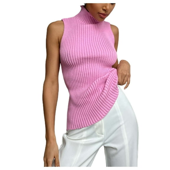RMGVDSD Women's Solid Color Fashion Turtleneck Sleeveless Sweater Slim Fit Knit Tank Top Pullover Soft Pullover Sweater Top /Pink
