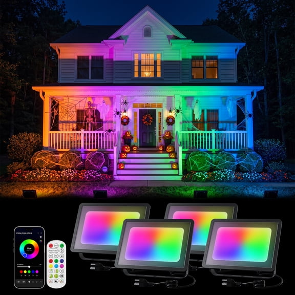 Yinghao 4 Pack 50W Smart RGB Flood lights 500W Equi for Halloween Decoration App Control, 120v Colored Floodlight, Group-Synced, Brightness Adjustable