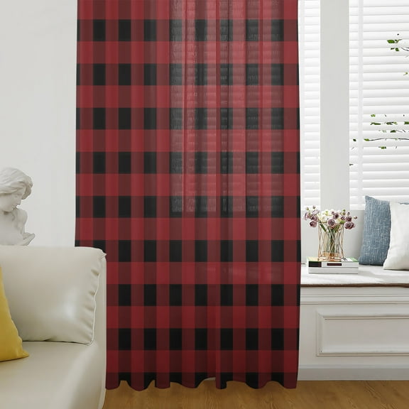 Rustic Checkered Semi Sheer Curtains Drapes for Living Room, Bedroom, French Doors Window 84 Inches Long, Black Red Buffalo Plaid Rod Pocket Chiffon Curtain Drapery Voile Draperies Panel