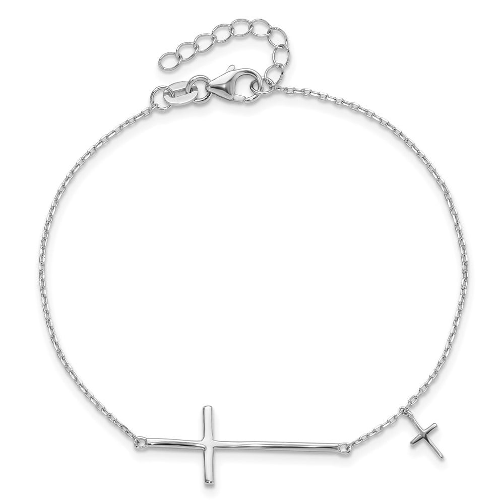 Diamond2Deal 925 Sterling Silver Rhodium-plated Sideways Cross with 1" ext. Cable Chain Bracelet for Men 8"