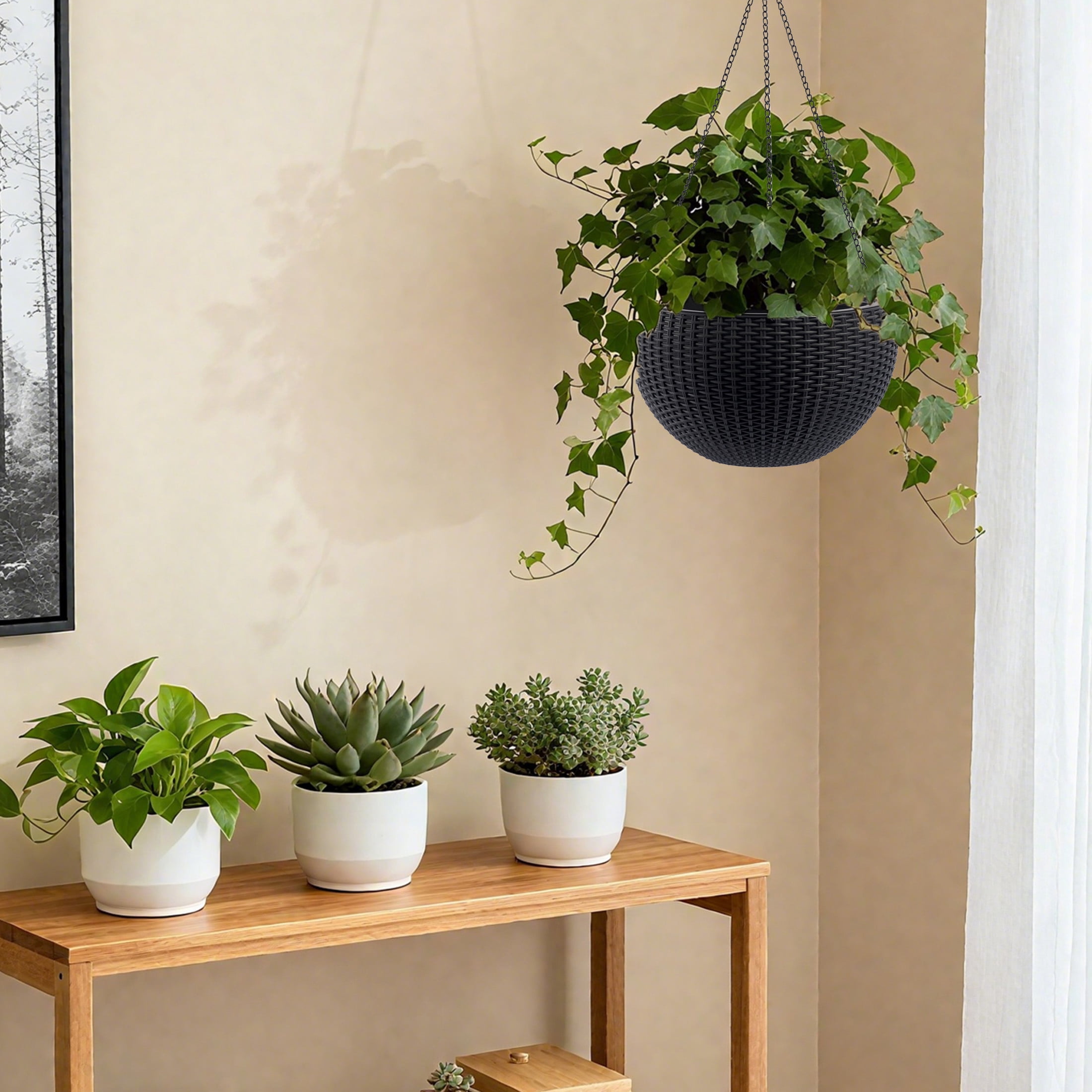Noble House 2 Pack 13.4" Self-Watering Hanging Planters, Rattan-Style Flower Pots, Black