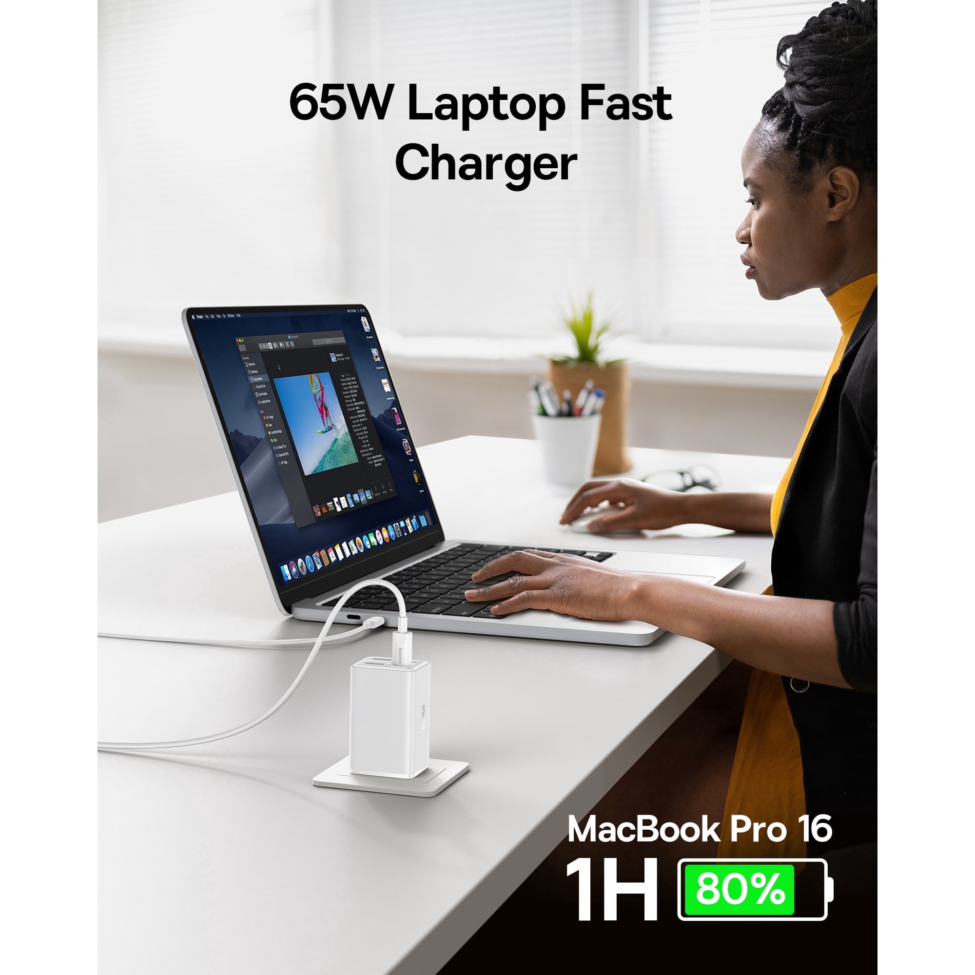 Baseus USB C Charger, 65W Wall Charger with USB C Cable, Fast Charging 4-Port USB Charger, White