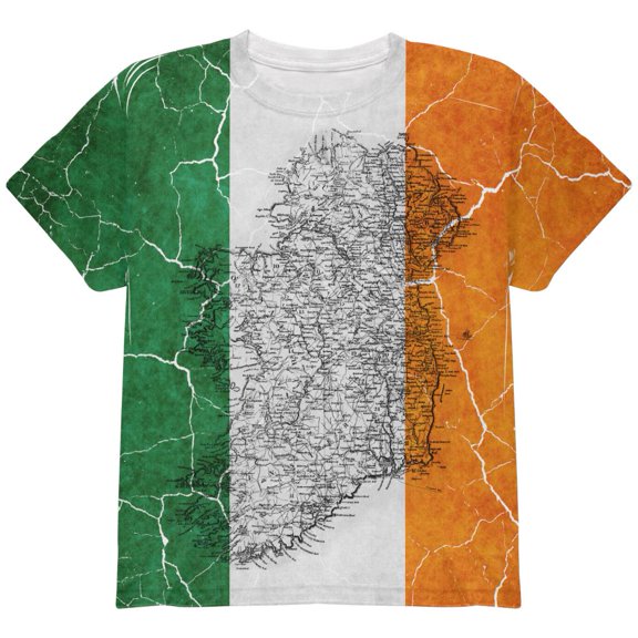 St Patrick's Day Vintage Irish Map Flag Distressed All Over Youth T Shirt Multi YSM