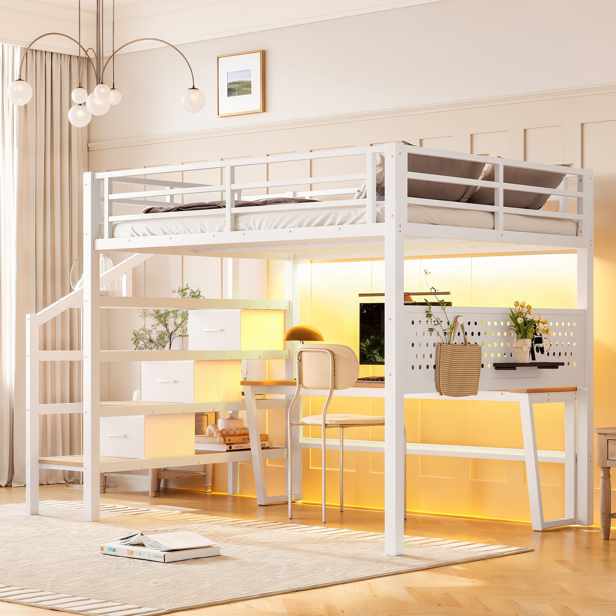 Leumius Full Size Loft Bed with Storage Stairs and Movable Desk with USB,Metal Loft Bed Frame with 3 Fabric Drawers and LED, Full-Length Guardrail and Pegboard,Antique White