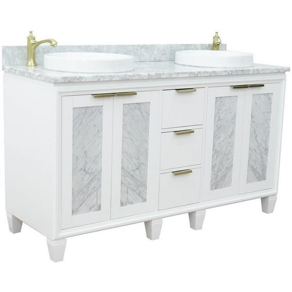 Trento 61" Double Round Sink Solid Wood Vanity in White/White Carrara
