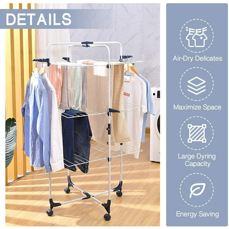 KINGRACK Clothes Drying Rack, 3-Tier Folding Indoor Laundry Drying Rack with Wheels 4 Hooks, Metal, White, Size: 26.18 x 1.38 x 28.15