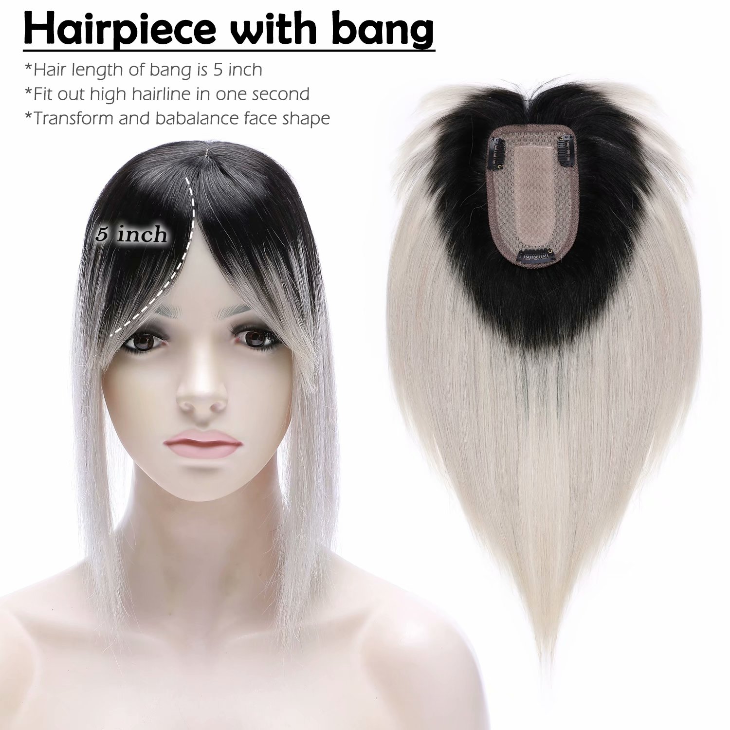 Benehair Silk Base Clip In 100% Real Remy Human Hair Extensions Hairpiece Topper Wig with bang Toupee Women Hair Loss 3 Clips Soft 1B Ombre Grey