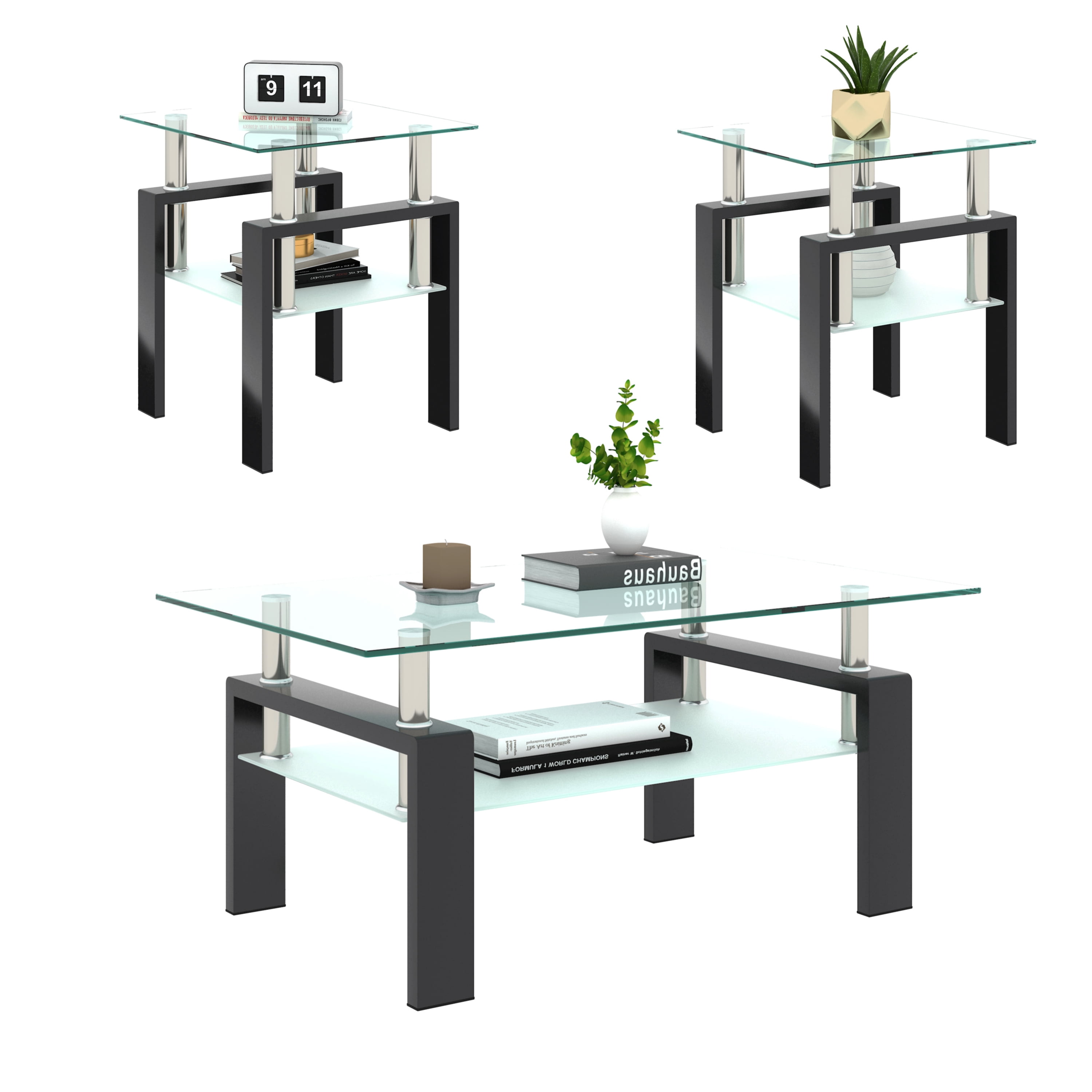 MAYEERTY Modern Square Tempered Glass Coffee Table – Transparent & Black End Table for Living Room