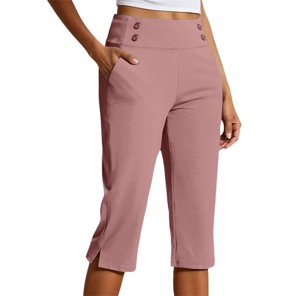 Y-Sunset Women’s High Waist Stretch Capri Pants, Plus Size Pull-On Cropped Trousers with Pockets, Lightweight Casual Dressy Capris for Golf Work Yoga Everyday Wear(Pink/XXXXL)