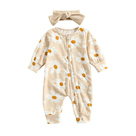 

Amuver Baby Girl Romper Long Sleeve Round Neck Floral Print Slant Zipper Loose Long Romper + Headband