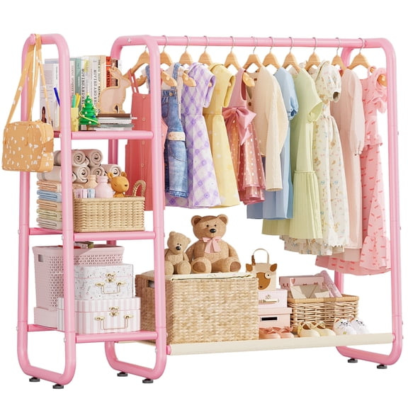 Kids Clothing Rack with 3-Tier Side Storage, Toddler Dress Up Closet Organizer, Small Garment Rack for Clothes & Toys, Pink