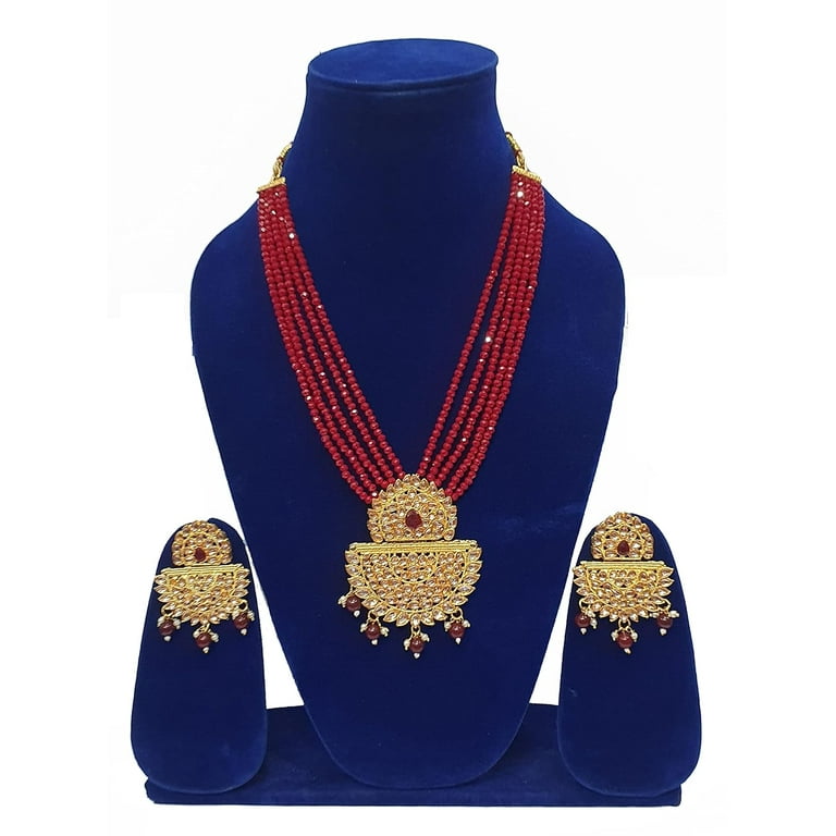 Artificial Imitation Gold Jewellery Antique Traditional Stylish Ethnic Wear Gold Plated Meenakari Kundan Beaded Long Rani Haar Necklace Earrings Set