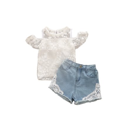 

Bebiullo Girl Lace Short Sleeve T-shirt and Patchwork Denim Shorts Set
