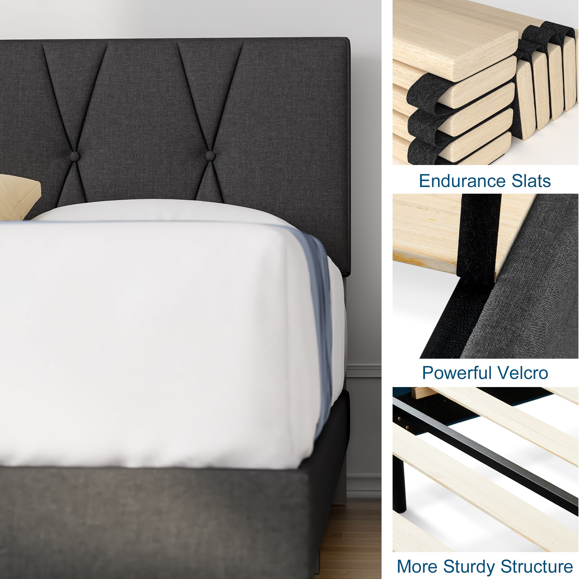 Queen Bed Frame, HAIIDE Queen Size Platform Bed With Fabric Upholstered Headboard, Dark Grey - image 4 of 7