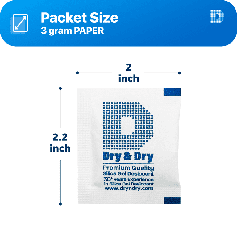 3 Gram [50 Packs] Dry & Dry Premium Silica Gel Packets Desiccant  Dehumidifiers - Rechargeable Paper (FDA Compliant)