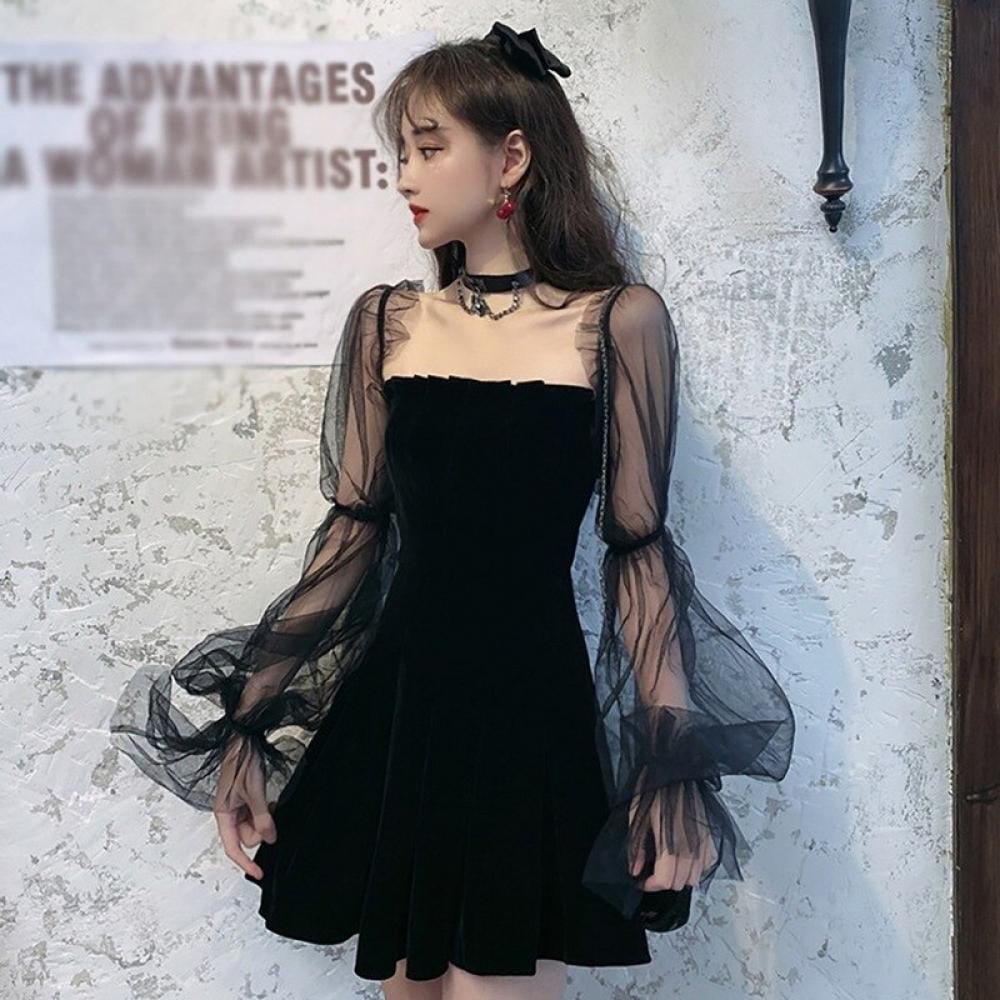 Elaydool Summer Mesh Dress Women See Through Black Mesh Puff Sleeve Sundress Long Sleeve Lovely Dress Outwear, Women's, Size: Large