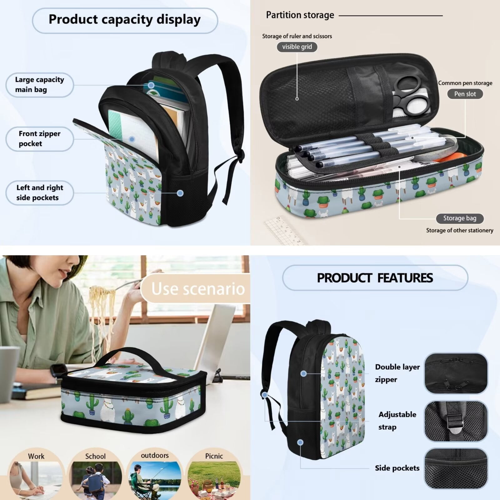KUIFORTI Cactus Alpaca Backpack Messenger Bag Crossbody Lunch Case Lunch Bag Pencil Bag with Pocket, Set of 3