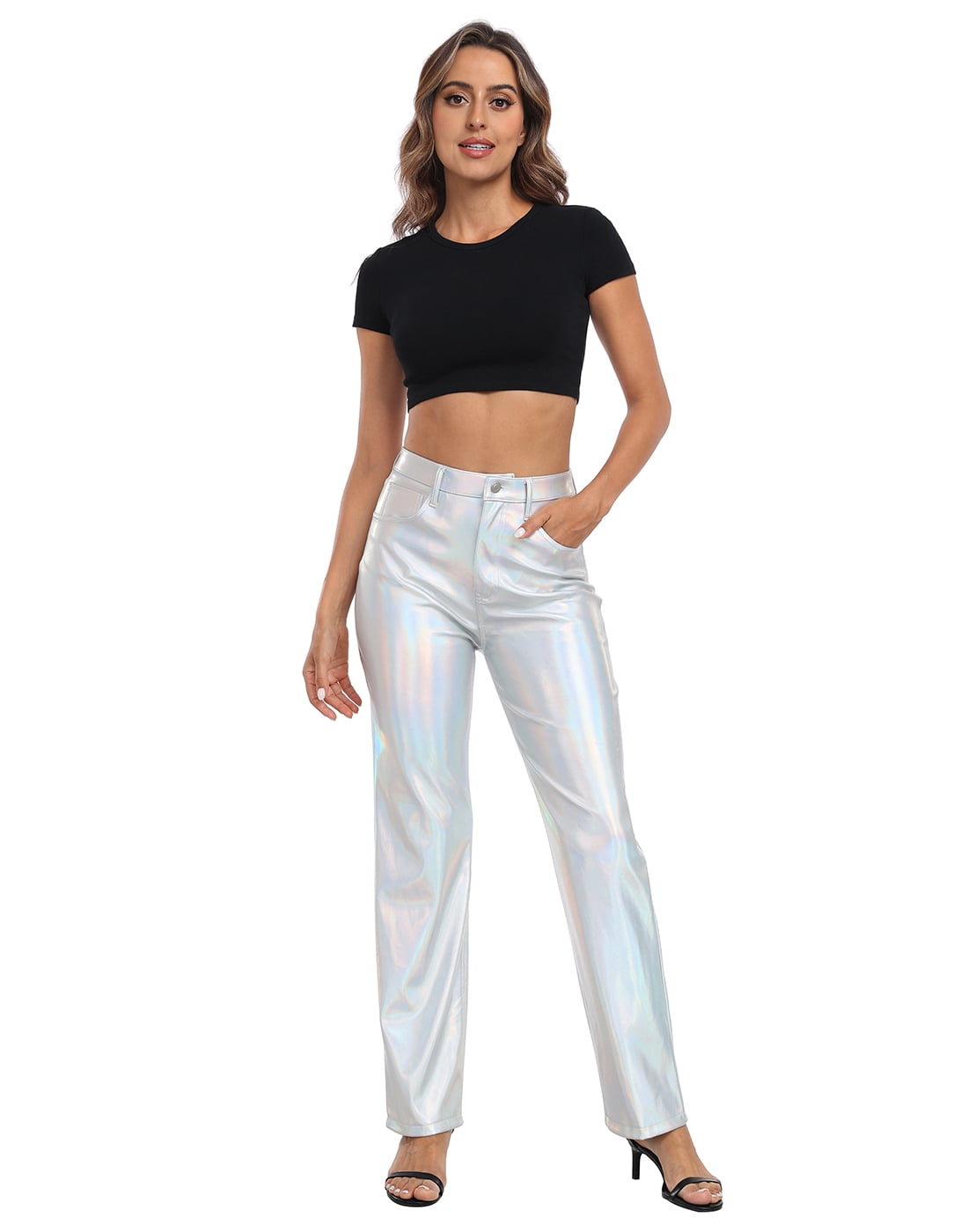 HDE Women's Metallic Faux Leather Pants High Waisted Trousers Holographic 8