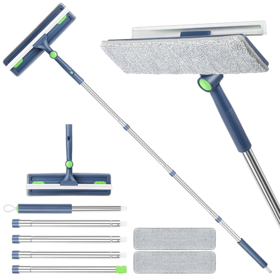 Pkalq Window Squeegee Cleaner Tool with Adjustable Stainless Steel Handle, 12 Inch 2-in-1 Scrubber and Squeegee, 2 Reusable Microfiber Pads for Bathroom, Shower Door and Glass