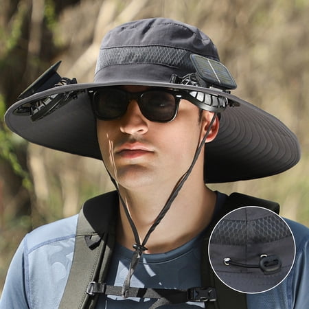 sunsanly Men Fisherman Hat with 2 Solar Fan Large Brim Windproof Strap USB Charging Anti UV Sunlight Quick Dry Great Breathability Outdoor Fishing Camping Travel Cap