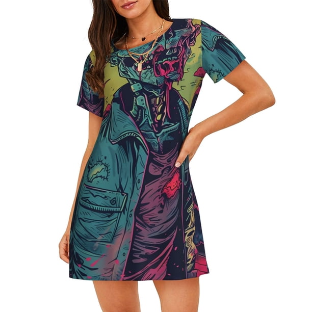 Easygdp Neon Zombie Skull Camisón de manga corta para mujer, informal, estampado
