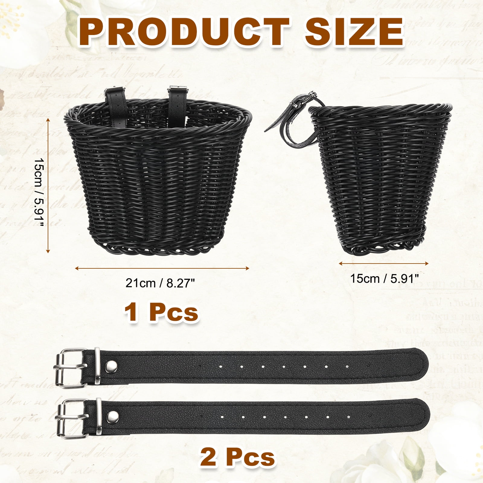Uxcell Bike Basket Front, Hand-Woven Bicycle Basket with Adjustable PU Belts 1 Pack & Black-Fitting For(Most Road Bikes, Bicycles/Scooters)