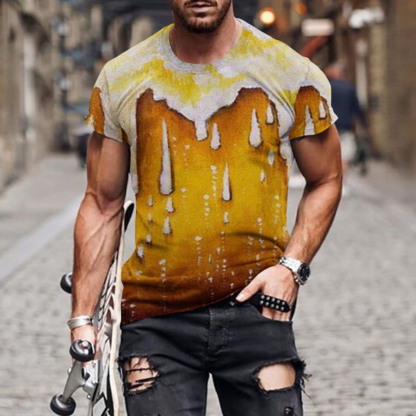 Zanvin Summer Tops New Fashion Men s T Shirt 3d Non Positioning Beer Print Short Sleeve Round Neck T Shirt Casual Sports Top Blouses Orange