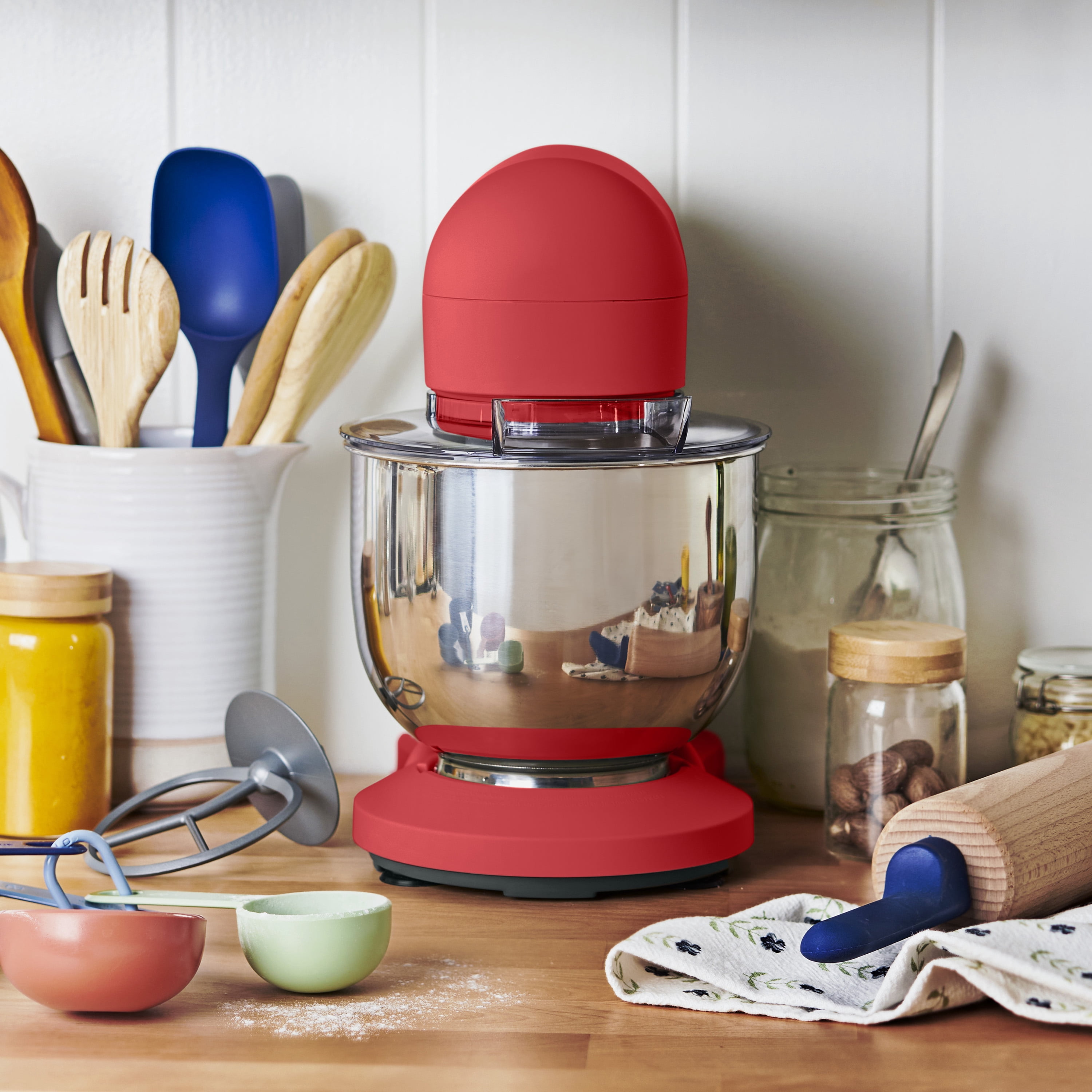 Beautiful 3.5 Qt Stand Mixer with Flat Beater, Dough Hook, Balloon Whisk, Tomato Red by Drew Barrymore