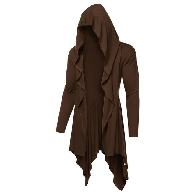 aohooy Cardigan Men Long Draped Coat Ruffle Shawl Collar Open Front Lightweight Halloween Hooded Cloak 2025 Brown,L