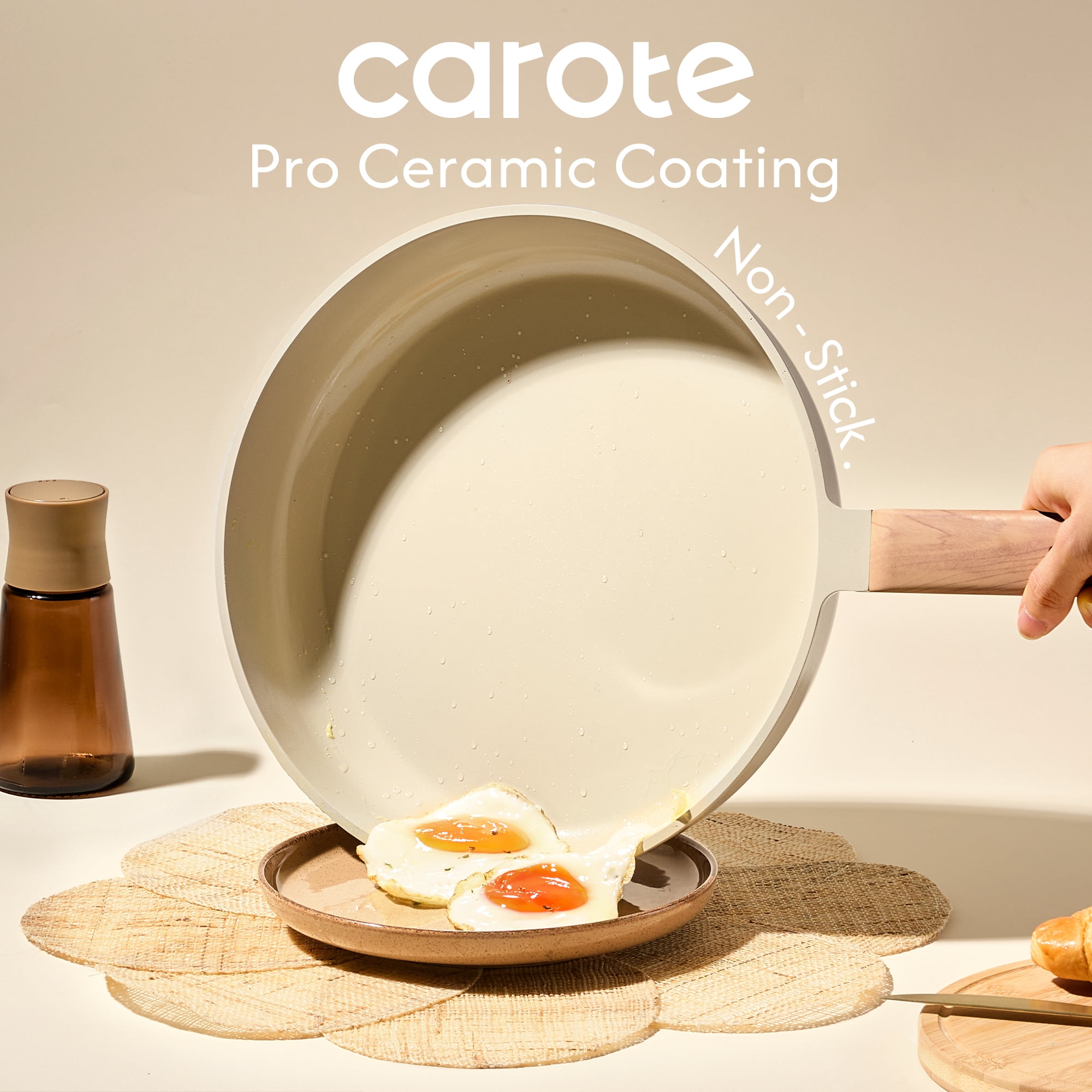 Carote 11" Ceramic Nonstick Frying Pan, Cooking Skillet with Bakelite Handle, Induction Compatible, Easy to Clean, Oatmeal