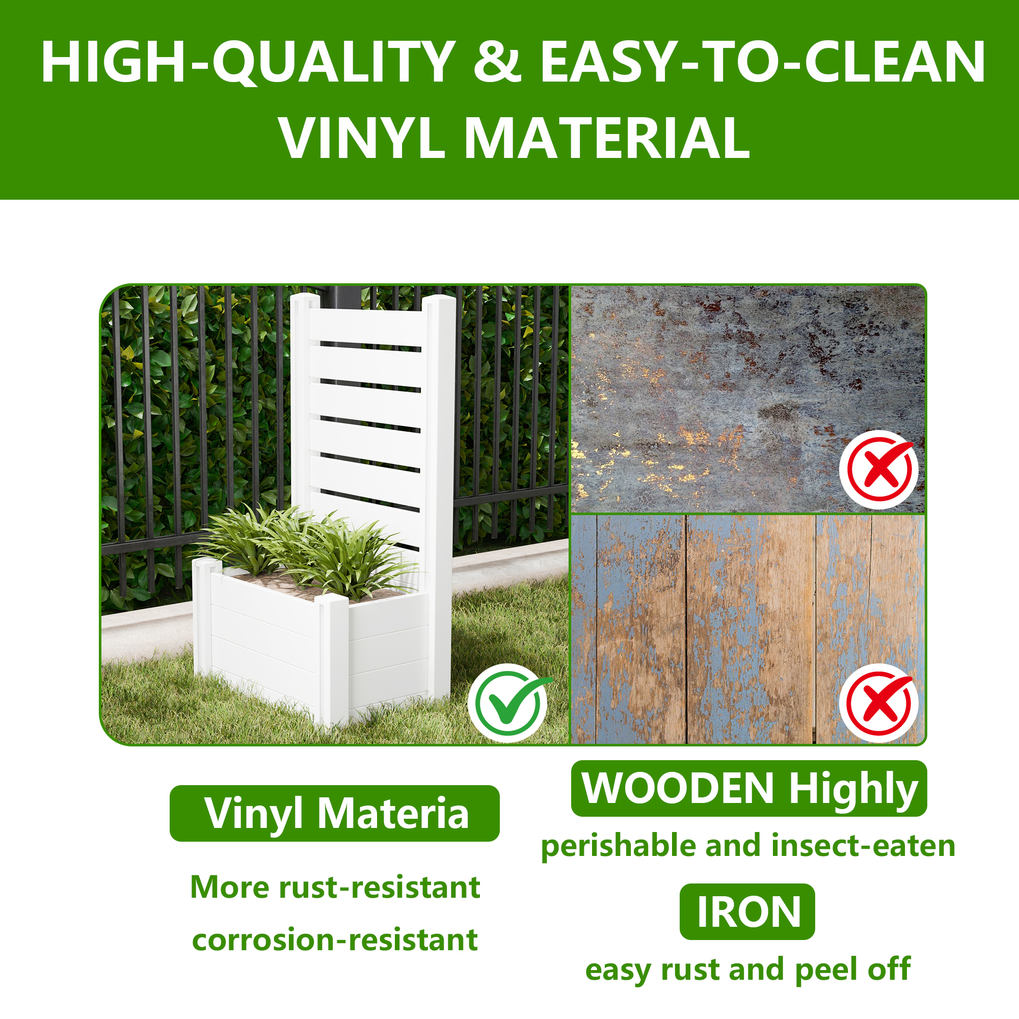 MAYEERTY Outdoor White PVC Rectangular Planter Box with Trellis for Climbing Plants, Raised Garden Bed