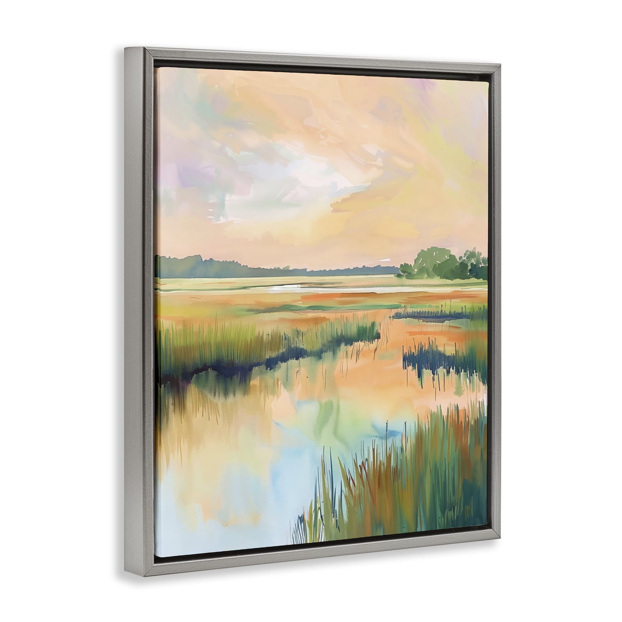 Stupell Industries Marsh Sunset over Tranquil Stream Gray Framed Floater Canvas Wall Art, design by LSR Design Studio