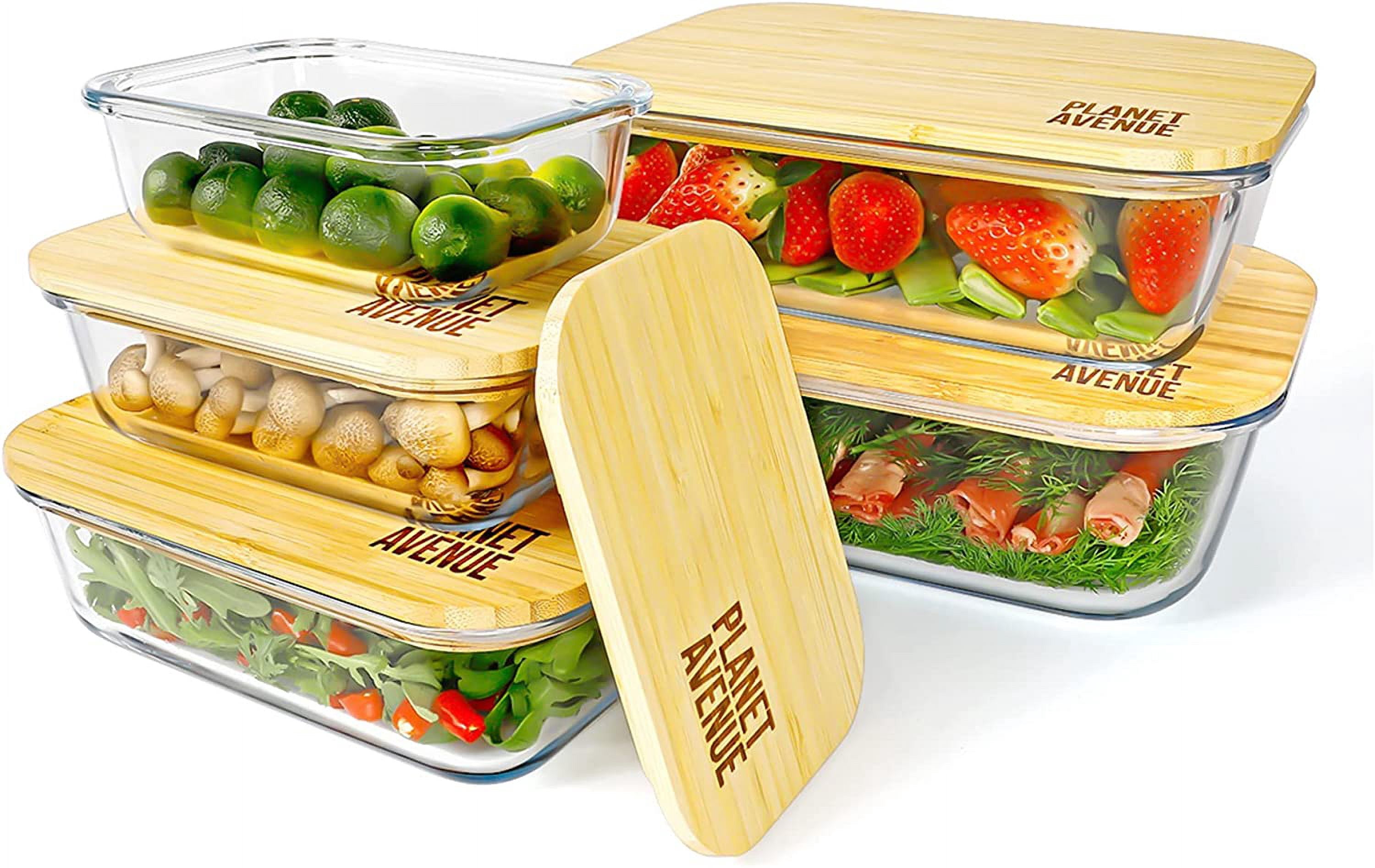 Planet Avenue Glass Food Storage Containers with Bamboo Lids – Airtight, Stackable, Eco-Friendly, BPA-Free – Set of 5