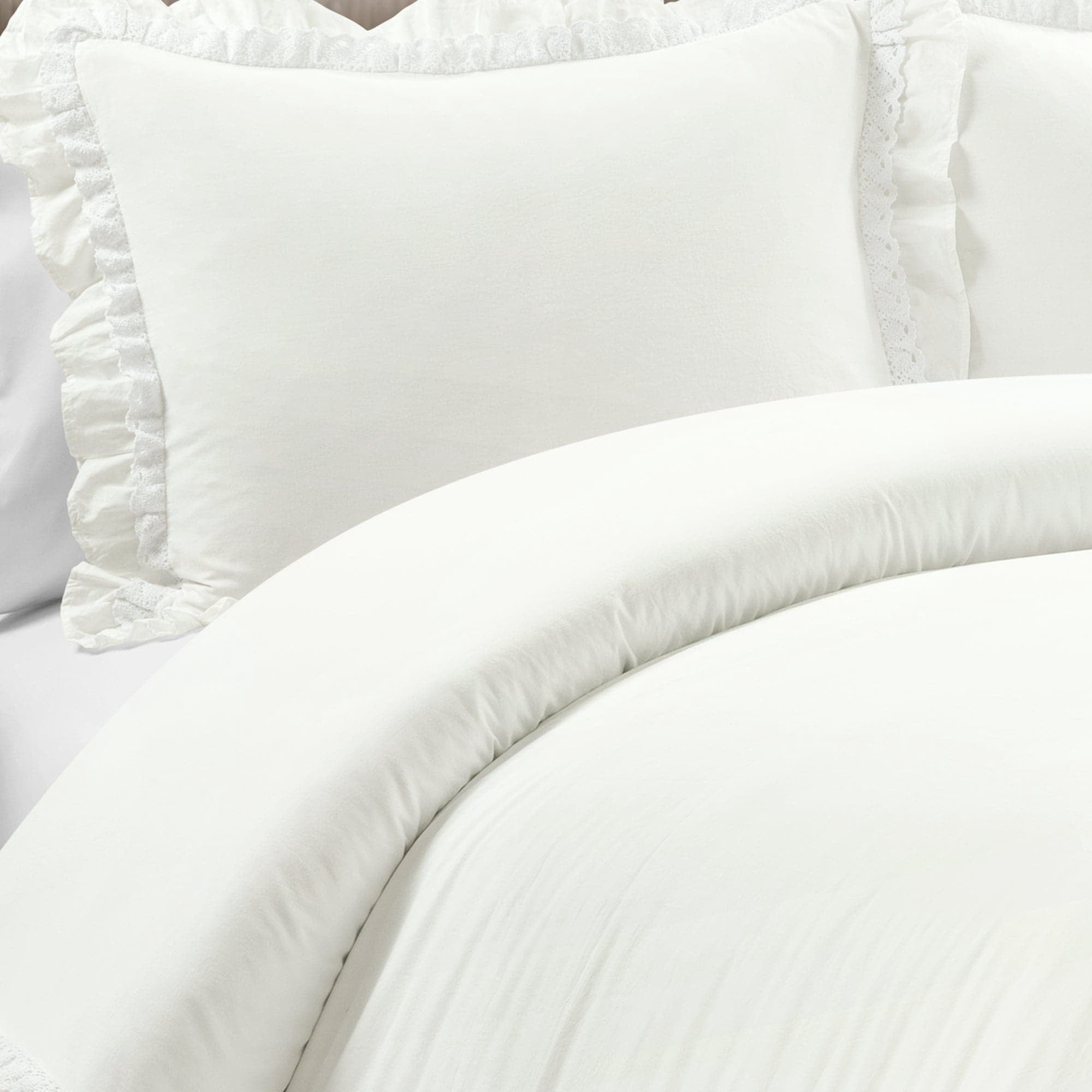 Ella Ruffle Lace 100% Cotton Duvet Cover White 3Pc Set Full/Queen