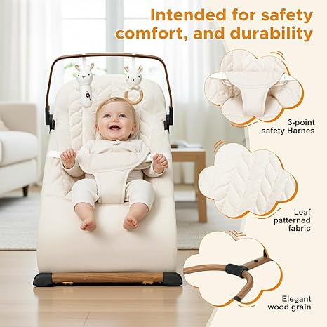 3 in 1 Baby Bouncer (Sit, Play & Relax),3 Recline Positions,Foldable Baby Rocker Chair W/ Removable Wooden Bar for 0-12 Months Infant & Toddler,Beige