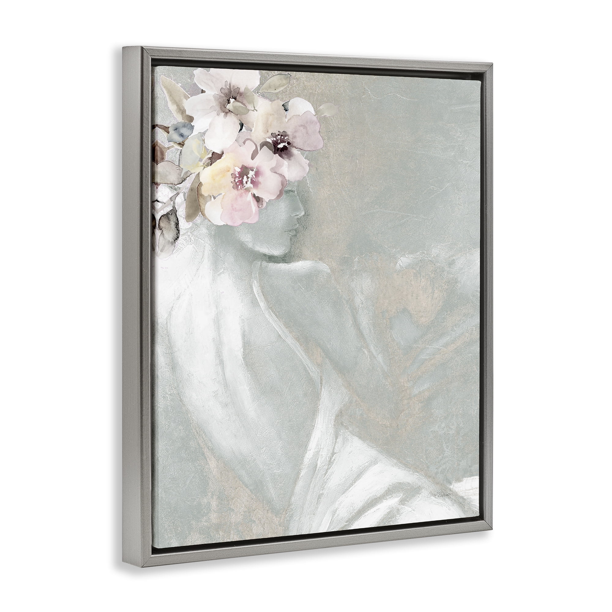 Stupell Industries Chic Floral Woman Novelty Painting Gray Floater Framed Art Print Wall Art, 25 x 31