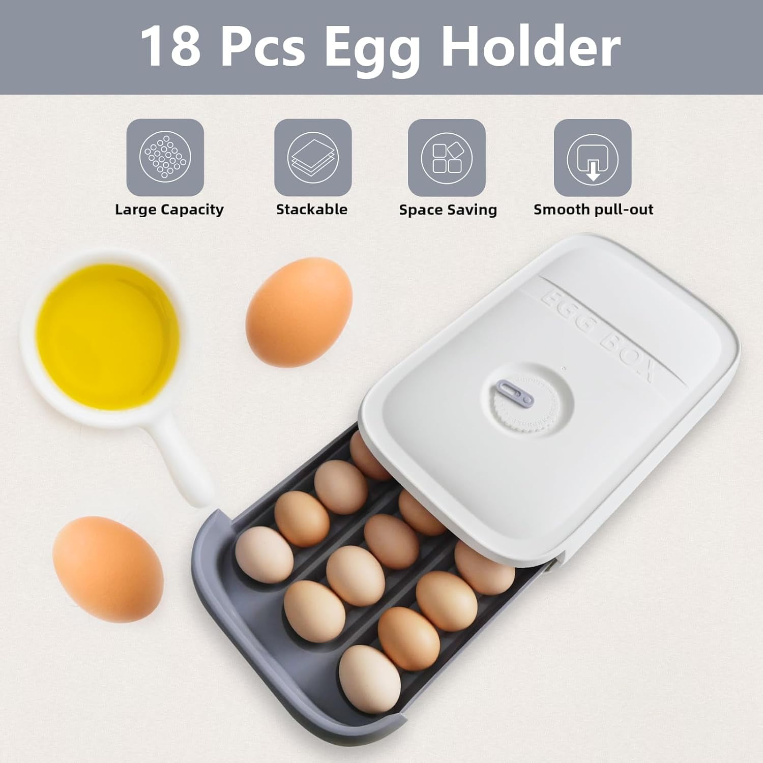 Egg holder for Refrigerator, Egg container for Fridge with Lid, Stackable Refrigerator Organizer Bins, Plastic Egg Storage Organizers for 18 Eggs, Fresh Egg Tray Egg Storage Box for Fridge