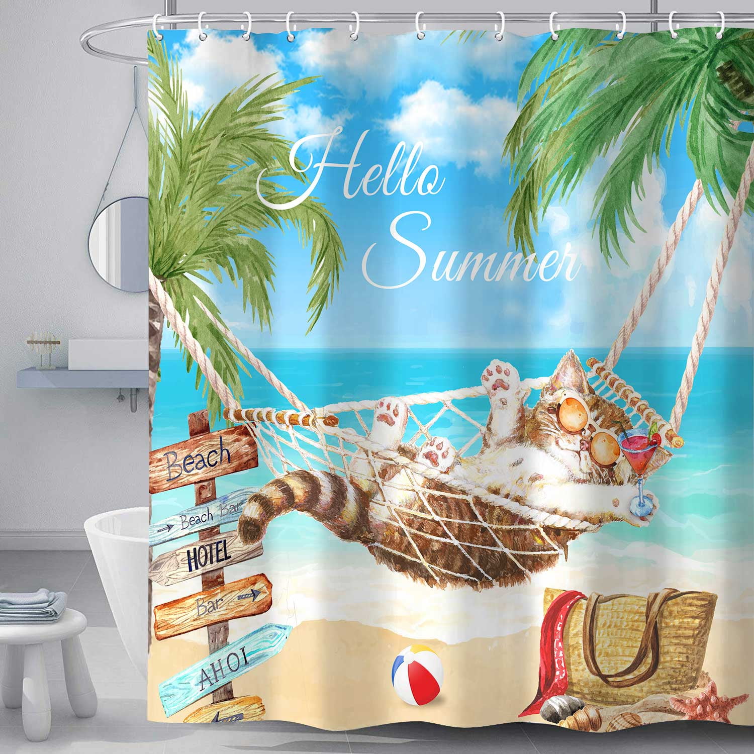 Summer Beach Shower Curtain Cute Cat Tropical Palm Tree Coast Seaside Sea Ocean Themed Bathroom Bath Curtain, Polyester Fabric Bathroom Accessory Decor Sets with Hooks
