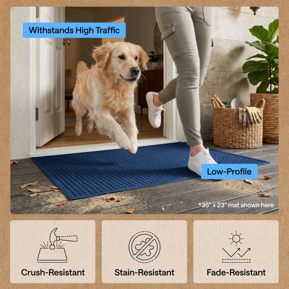 GORILLA GRIP HydroAbsorb Doormat, Indoor Outdoor Rubber Backed Weather Mat, 35x23, Blue