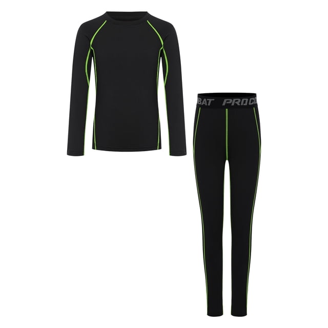 Moggemol Ensemble de Couche de Base de Compression pour Garçons, Col Rond, Haut à Manches Longues avec Leggings à Taille Élastique, Noir Vert 30