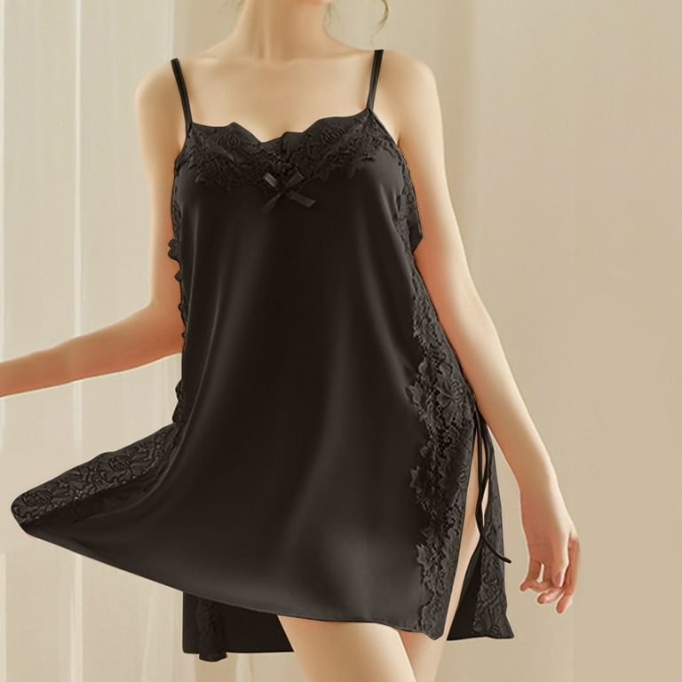 Pimfylm Night Dress For Women Sleepwear Women Lace Modal Sleepwear Chemises  V-Neck Full Slip Nightgown Black M 