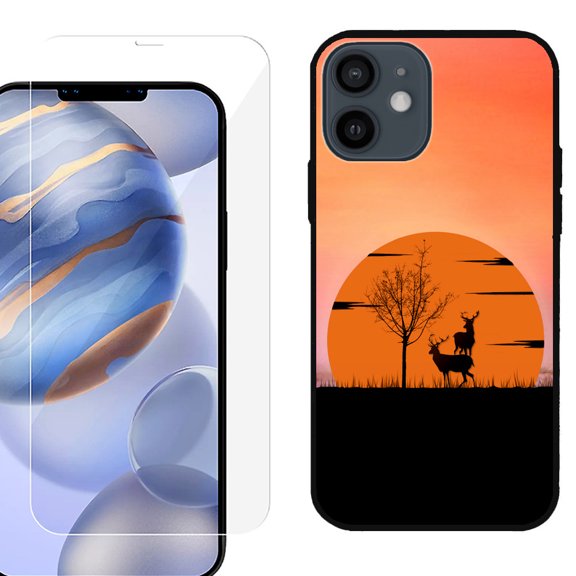 Slim-Fit Protective Phone Case (Black) compatible with iPhone 12 / iPhone 12 Pro, with Tempered Glass Screen Protector, by OneToughShield ® - Sunset Deer