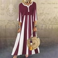 thumbnail image 3 of Robes Maxi d'Été Décontractées pour Femmes Manches 3/4 Bouton Col en V Robe Longue Rayée Imprimée Ample Confortable Robe t-Shirts Fluide, 3 of 5