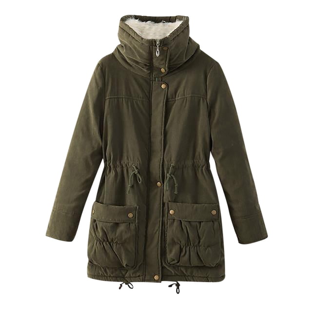 IROINID Women's Mid-Length Anorak Jacket Coat Solid Color Long Sleeve Buttons Pockets Coat Plus Fleece Jacket Outwear Top, Army Green
