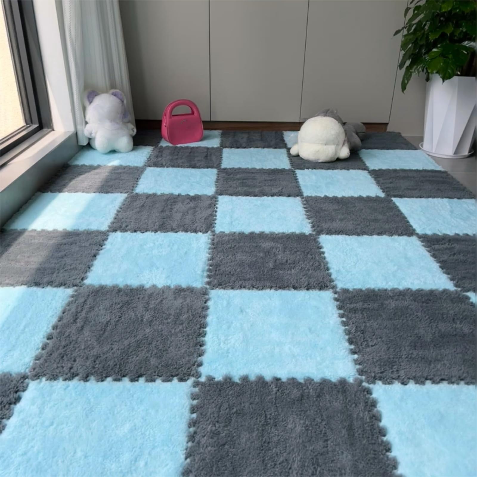 10Pcs Plush Foam Floor Mat,Plush Interlocking Carpet Tiles,Anti-Slip Square Puzzle Floor Mat,EVA Foam Area Rugs for Bedroom Playroom