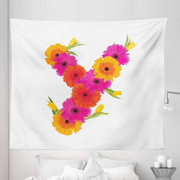 Flower Alphabet Tapestry, Big Petals of Gerber as Letter Y Yellow Tulips Spring Bloom, Fabric Wall Hanging Decor for Bedroom Living Room Dorm, 5 Sizes, Marigold Hot Pink Green, by Ambesonne