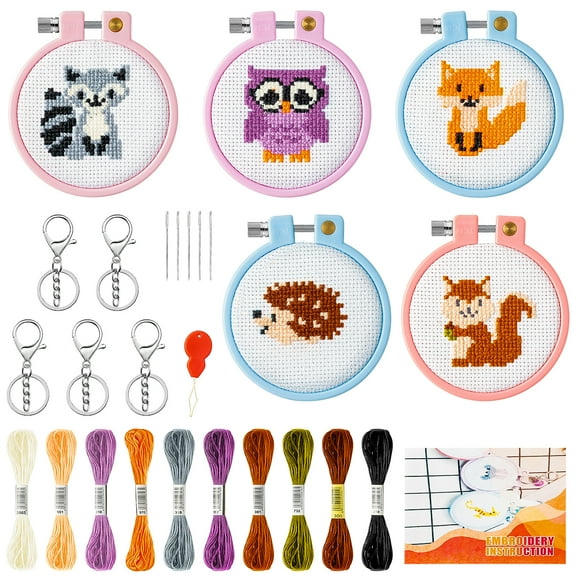 MALLMALL6 Embroidery Kit, Stamped Cross Stitch DIY Woodland Animal Patterns Keychain, 5 Pieces